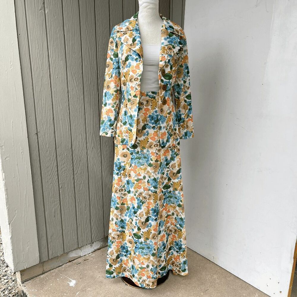 VTG 70s Alfreda Floral Blazer Skirt Suit Set Prairie Cottagecore Boho S/M